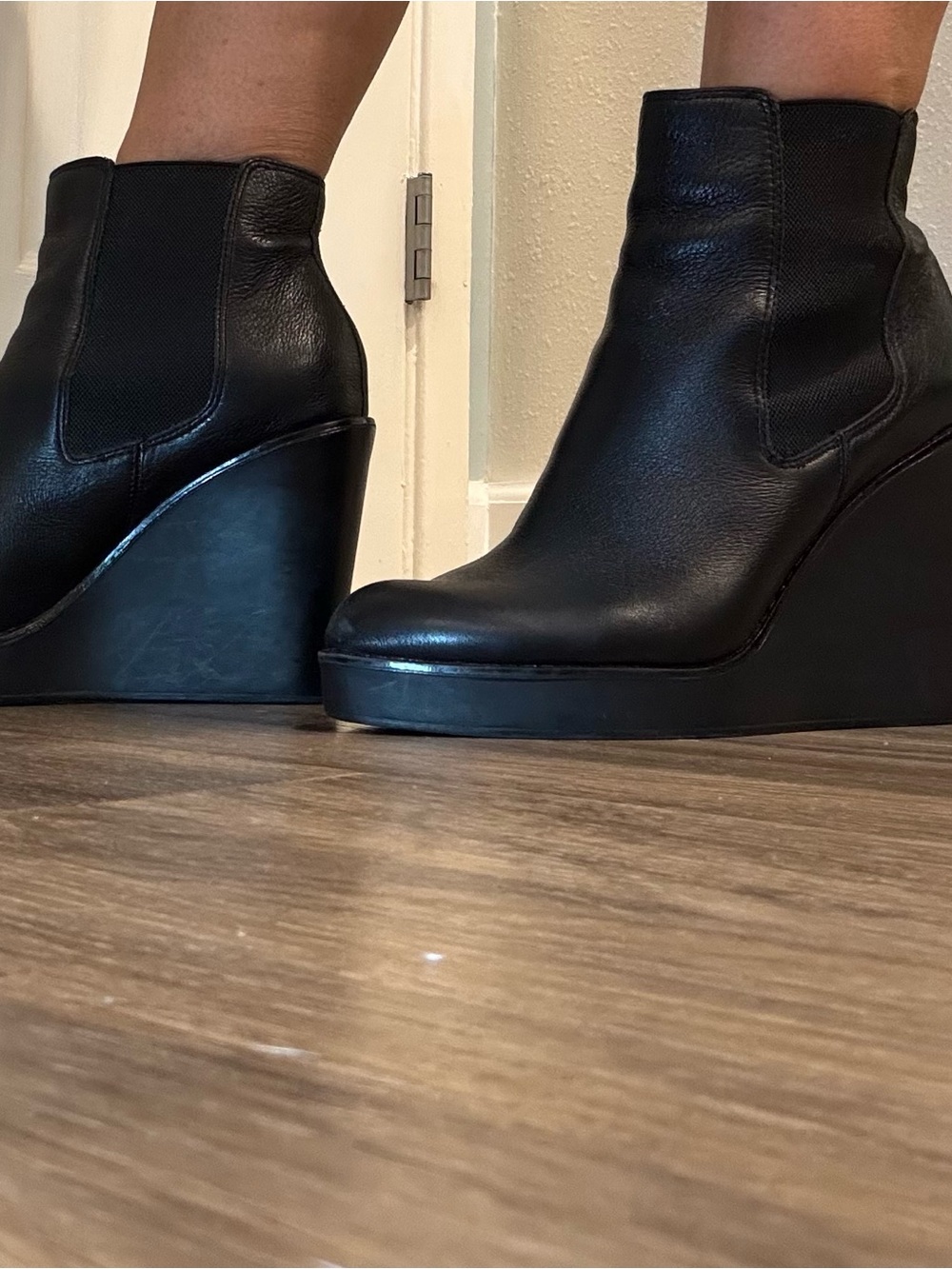 Aldo Black Leather Wedge Ankle Booties